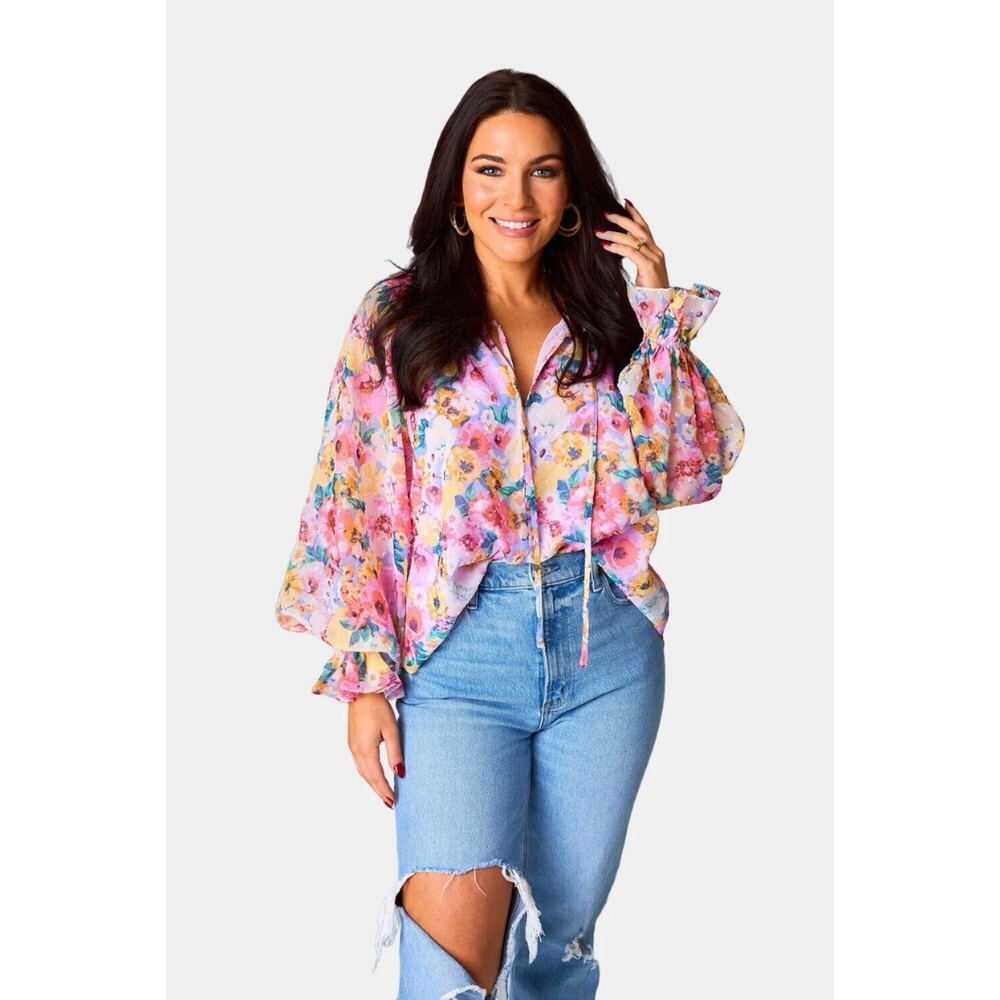 Buddy Love Mandy Long Sleeve Floral Peasant Top Swiss Dot Sz XS